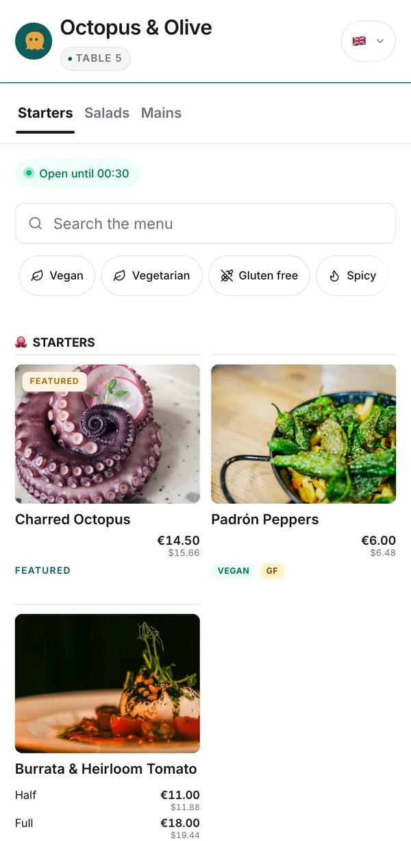 Example guest menu with allergen and dietary filters