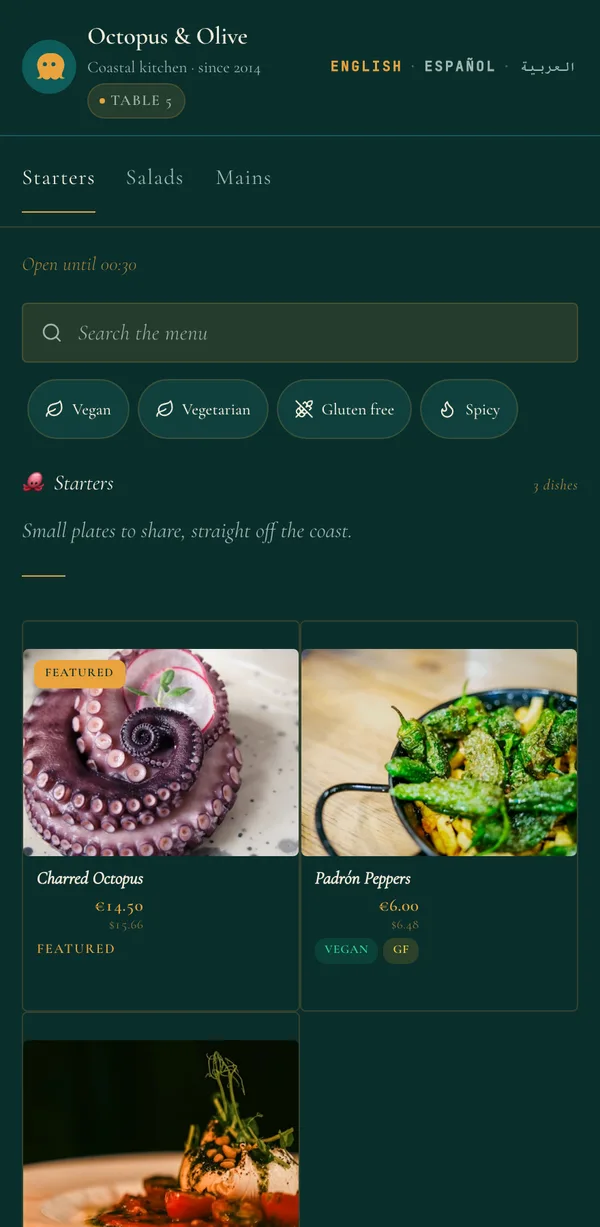Example guest menu in the dark, refined style