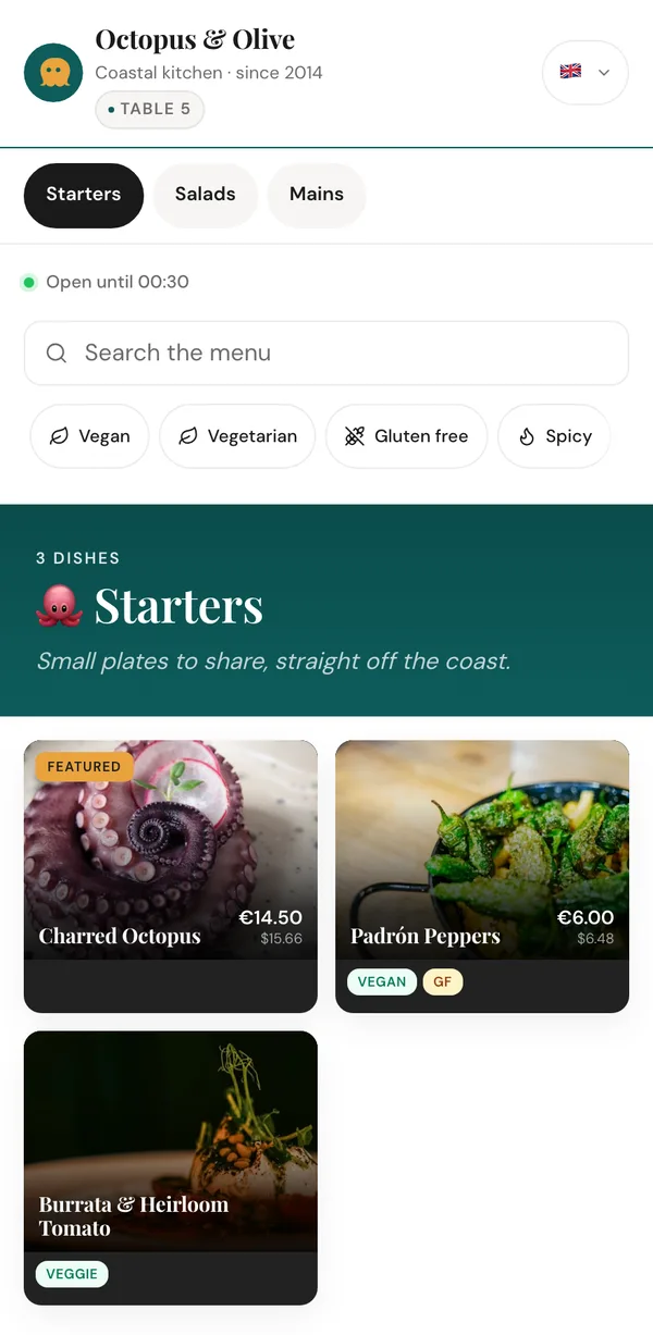 Example guest menu in the photo-led style