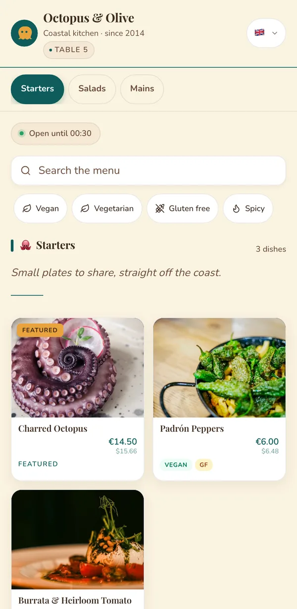 Example guest menu in the warm, cream style