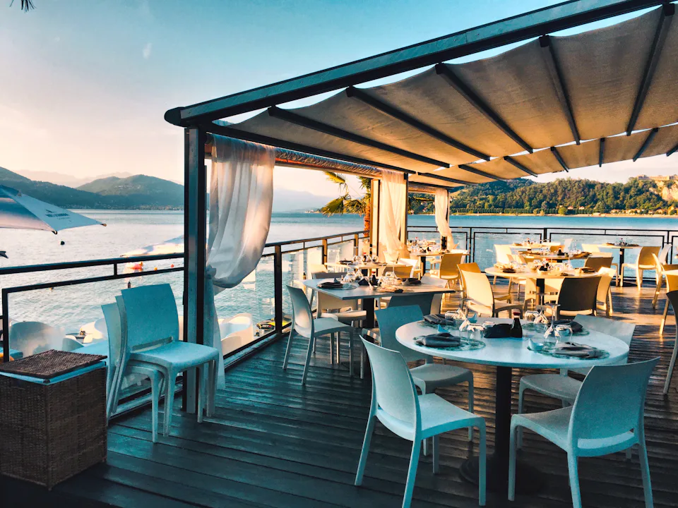 A waterside restaurant terrace
